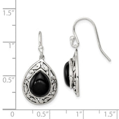 QE9376 Sterling Silver Polished & Antiqued Filigree Onyx Teardrop Dangle Earrings