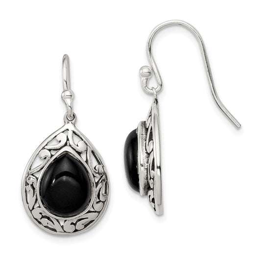 QE9376 Sterling Silver Polished & Antiqued Filigree Onyx Teardrop Dangle Earrings