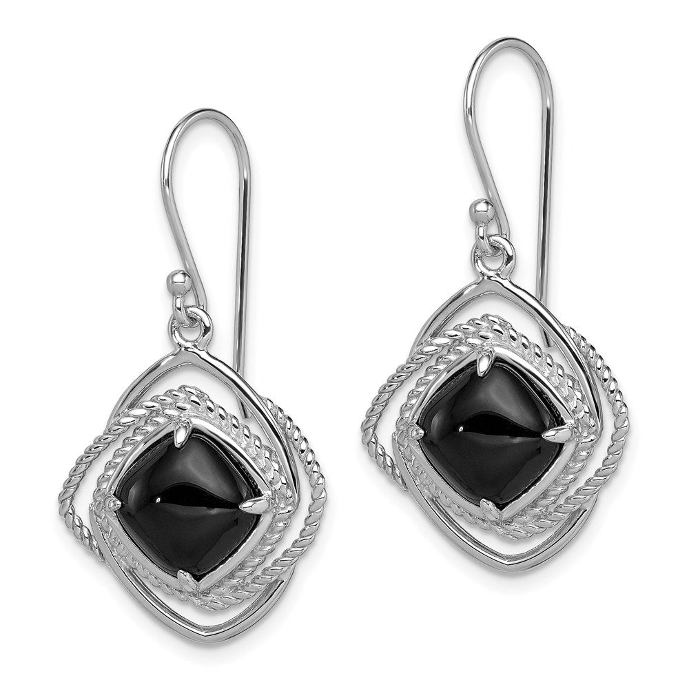 QE9377 Sterling Silver Rhodium-plated Polished & Twisted Onyx Dangle Earrings