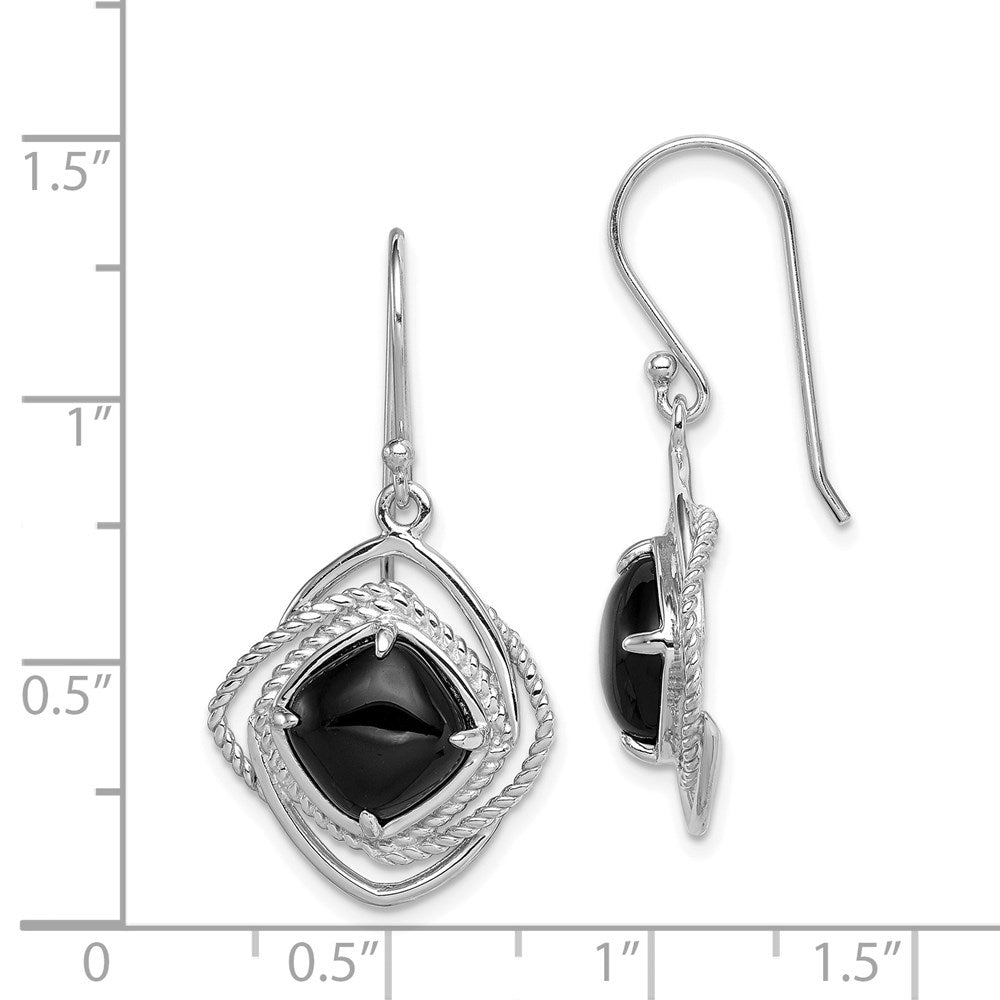 QE9377 Sterling Silver Rhodium-plated Polished & Twisted Onyx Dangle Earrings