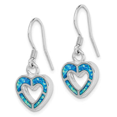 QE9405 Sterling Silver RH-plated Blue Created Opal Inlay Heart Dangle Earrings