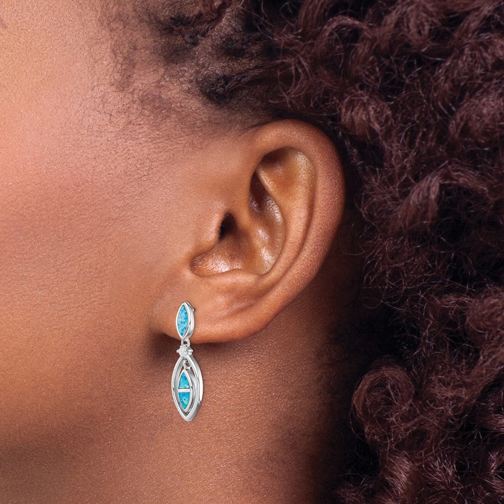 QE9407 Sterling Silver RH-plated CZ & Blue Cr. Opal Marquise Post Dangle Earrings