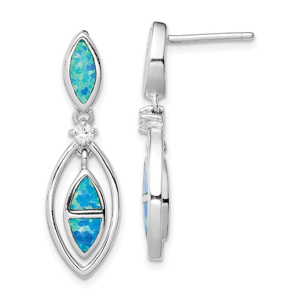 QE9407 Sterling Silver RH-plated CZ & Blue Cr. Opal Marquise Post Dangle Earrings