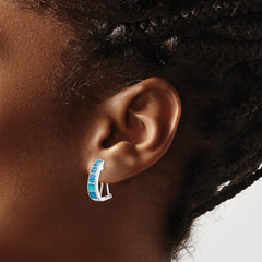 QE9409 Sterling Silver Rhodium-plated Polished Blue Created Opal Inlay J-Hoop Earrings