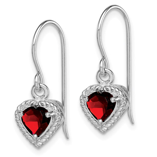 QE9412GA Sterling Silver Rhodium Plated Garnet Small Heart Earrings