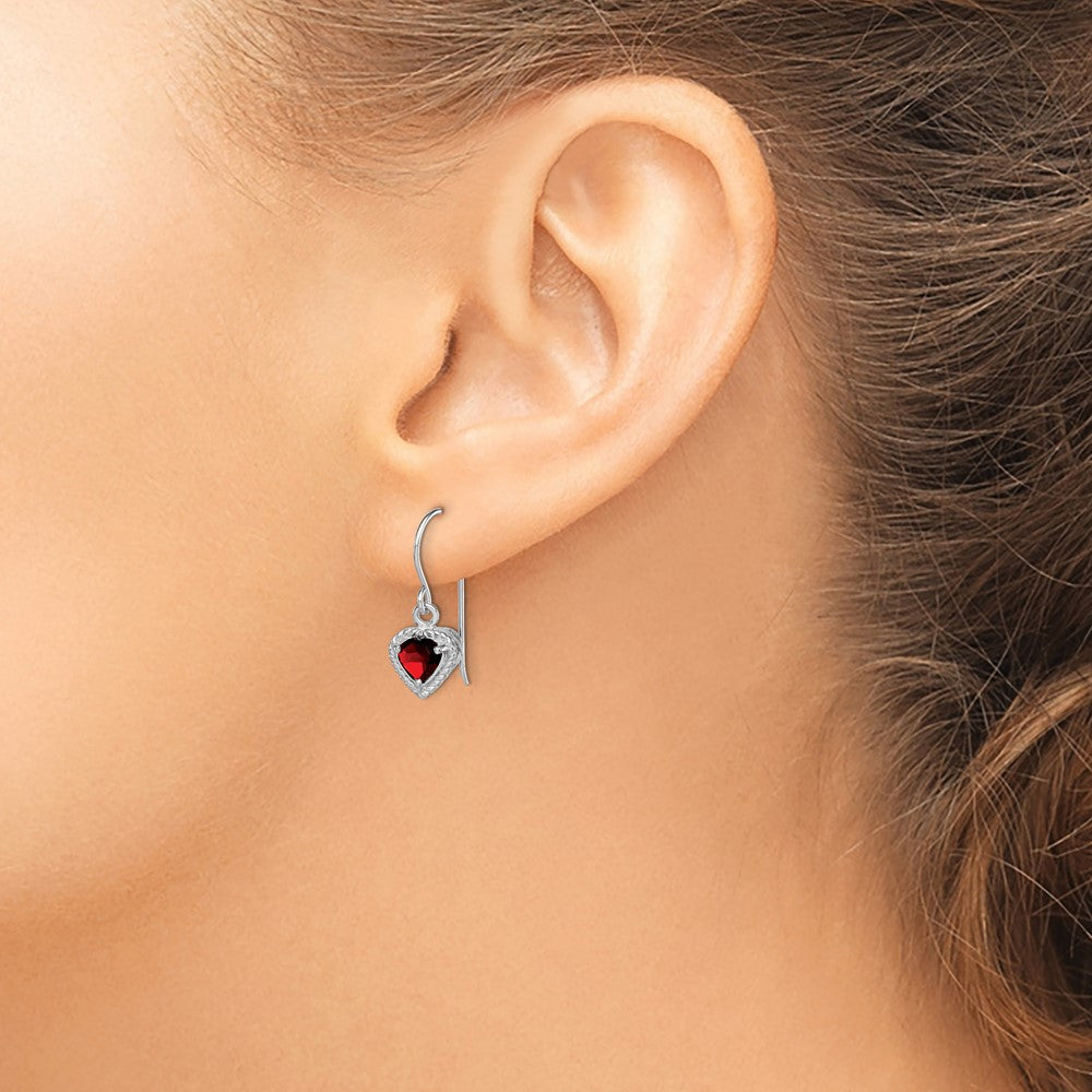 QE9412GA Sterling Silver Rhodium Plated Garnet Small Heart Earrings