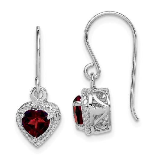 QE9412GA Sterling Silver Rhodium Plated Garnet Small Heart Earrings