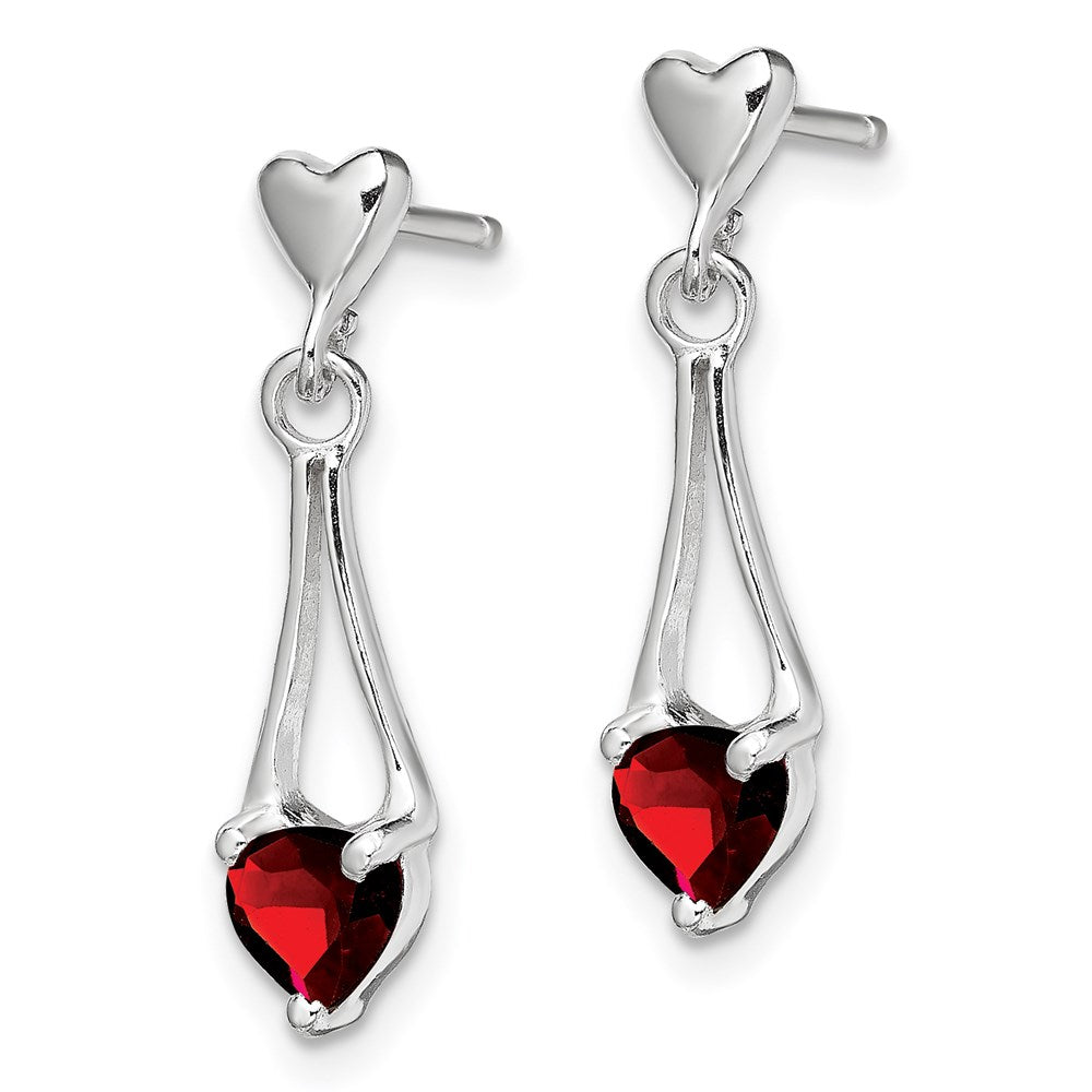 QE9431 Sterling Silver Rhodium-plated Polished Garnet Heart Post Dangle Earrings