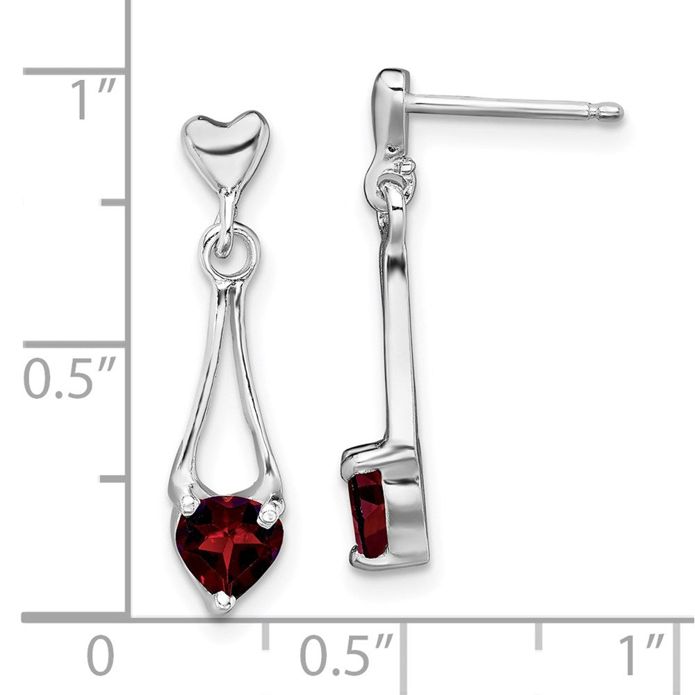 QE9431 Sterling Silver Rhodium-plated Polished Garnet Heart Post Dangle Earrings