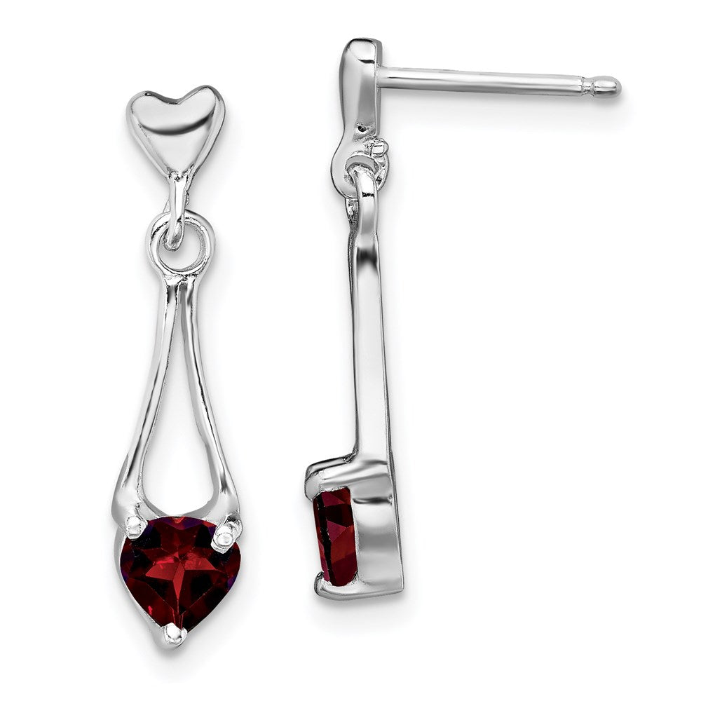 QE9431 Sterling Silver Rhodium-plated Polished Garnet Heart Post Dangle Earrings