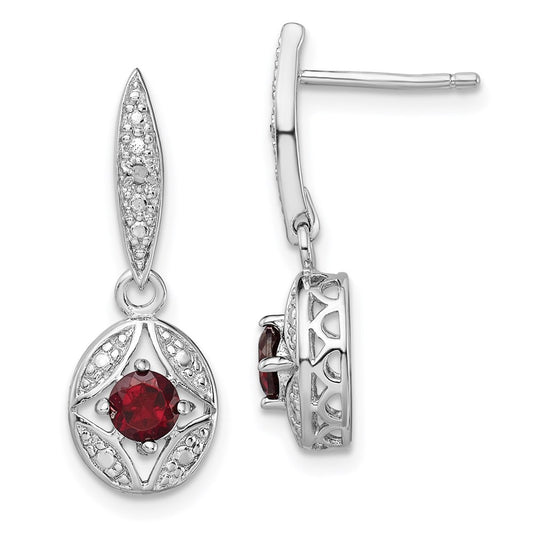 QE9433 Sterling Silver Rhodium-plated Garnet and Diamond Dangle Earrings