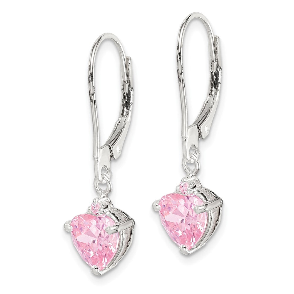 QE9438 Sterling Silver Polished Pink CZ Heart Leverback Dangle Earrings