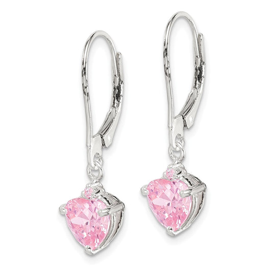 QE9438 Sterling Silver Polished Pink CZ Heart Leverback Dangle Earrings