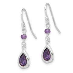 QE9439 Sterling Silver Rhodium-plated Polish Purple CZ Teardrop Dangle Earrings