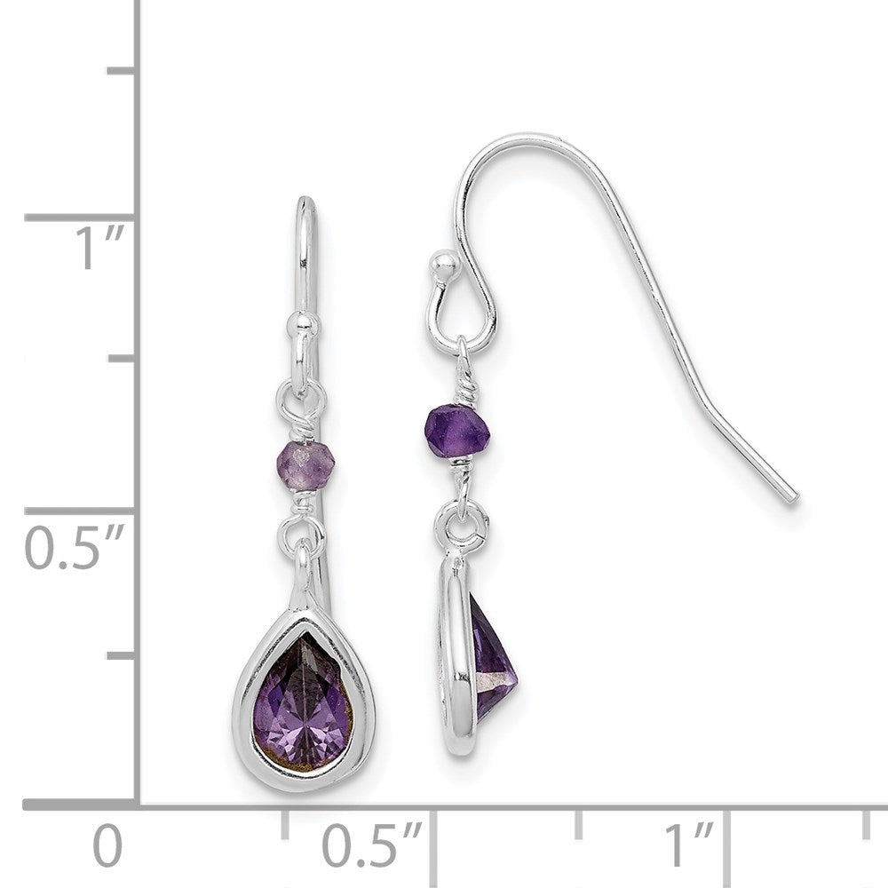 QE9439 Sterling Silver Rhodium-plated Polish Purple CZ Teardrop Dangle Earrings