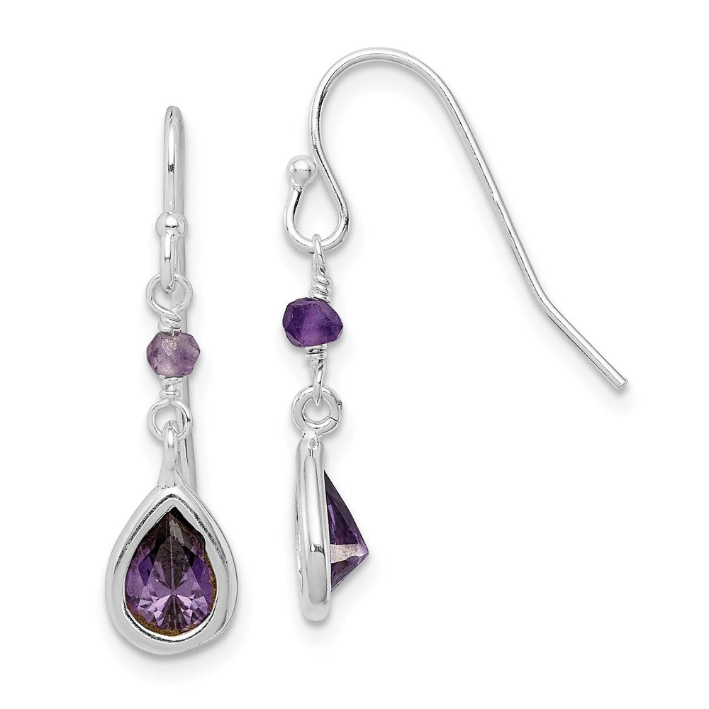 QE9439 Sterling Silver Rhodium-plated Polish Purple CZ Teardrop Dangle Earrings