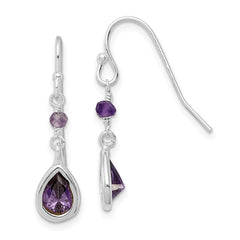 QE9439 Sterling Silver Rhodium-plated Polish Purple CZ Teardrop Dangle Earrings