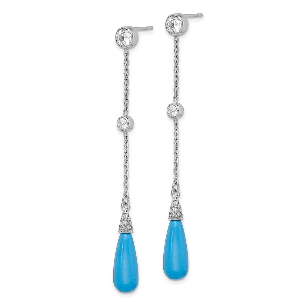 QE9442 Sterling Silver Rhodium-plated Turquoise and CZ Post Dangle Earrings