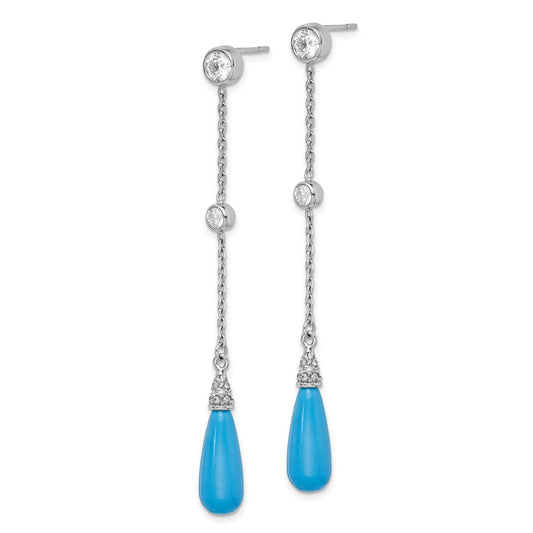QE9442 Sterling Silver Rhodium-plated Turquoise and CZ Post Dangle Earrings