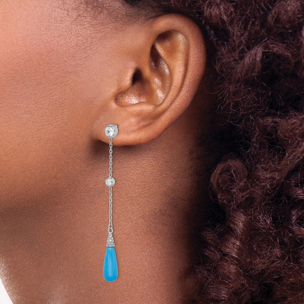 QE9442 Sterling Silver Rhodium-plated Turquoise and CZ Post Dangle Earrings