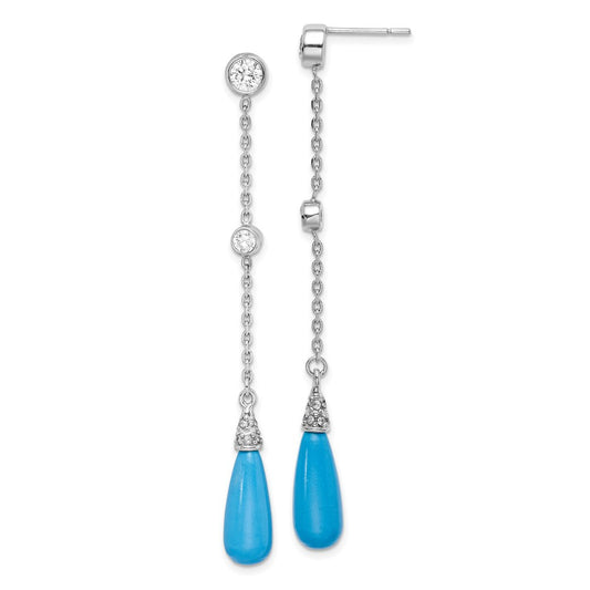 QE9442 Sterling Silver Rhodium-plated Turquoise and CZ Post Dangle Earrings