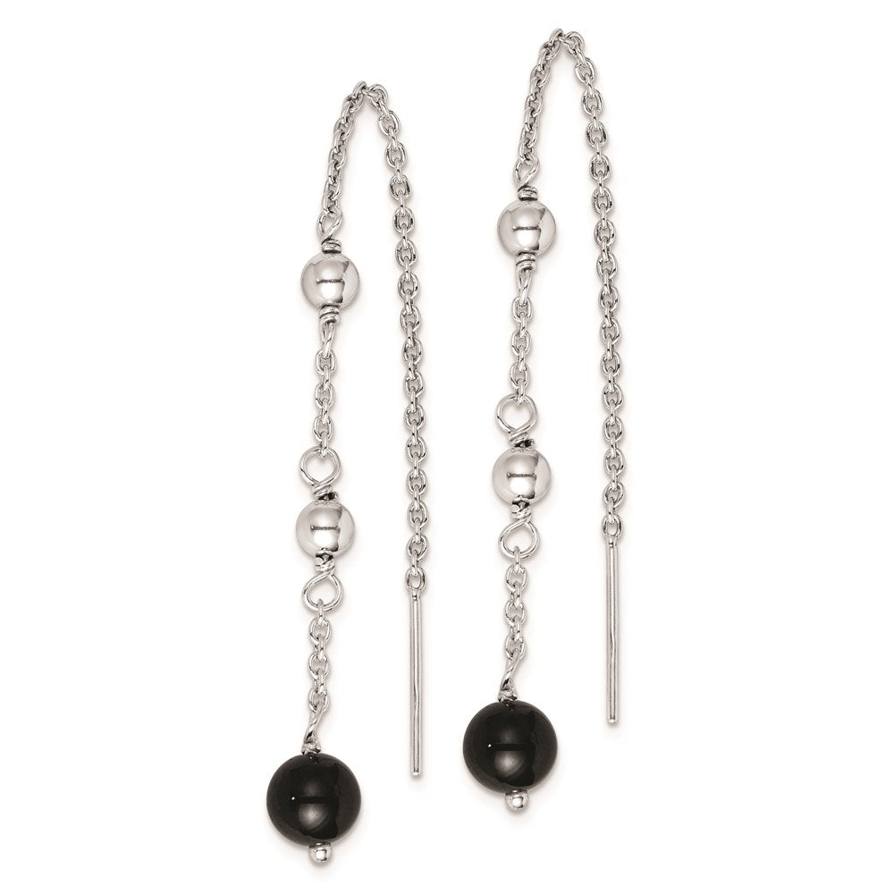 QE9446 Sterling Silver RH-plated Polished & Beaded Black Onyx Threader Earrings