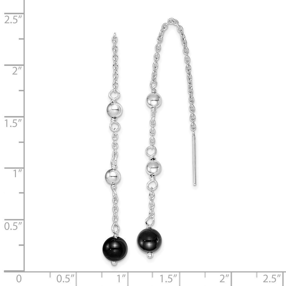 QE9446 Sterling Silver RH-plated Polished & Beaded Black Onyx Threader Earrings