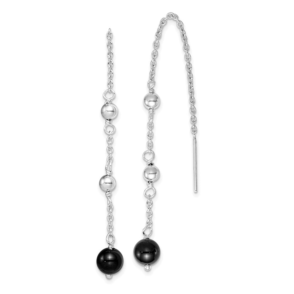 QE9446 Sterling Silver RH-plated Polished & Beaded Black Onyx Threader Earrings