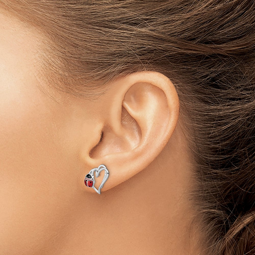 QE9589 Sterling Silver Rhodium-plated Heart with Enameled Ladybug Post Earrings