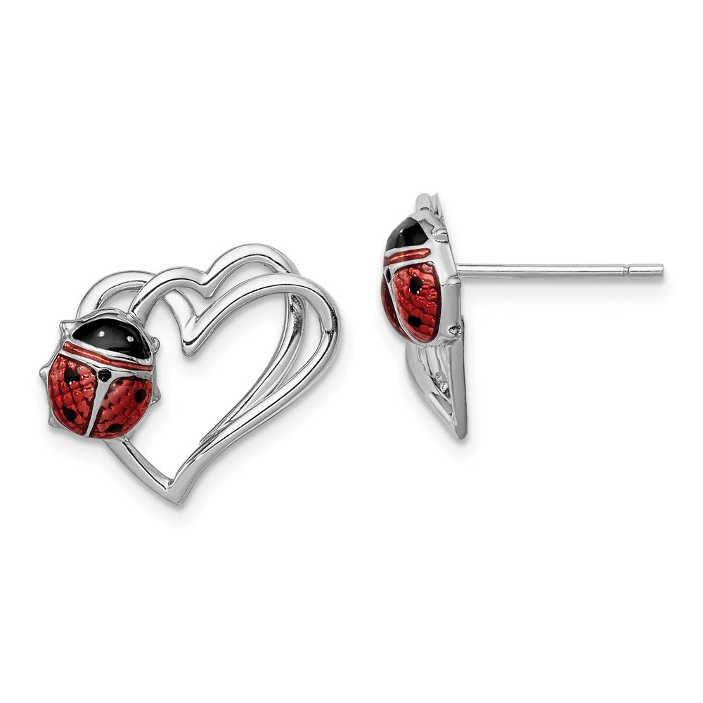 QE9589 Sterling Silver Rhodium-plated Heart with Enameled Ladybug Post Earrings