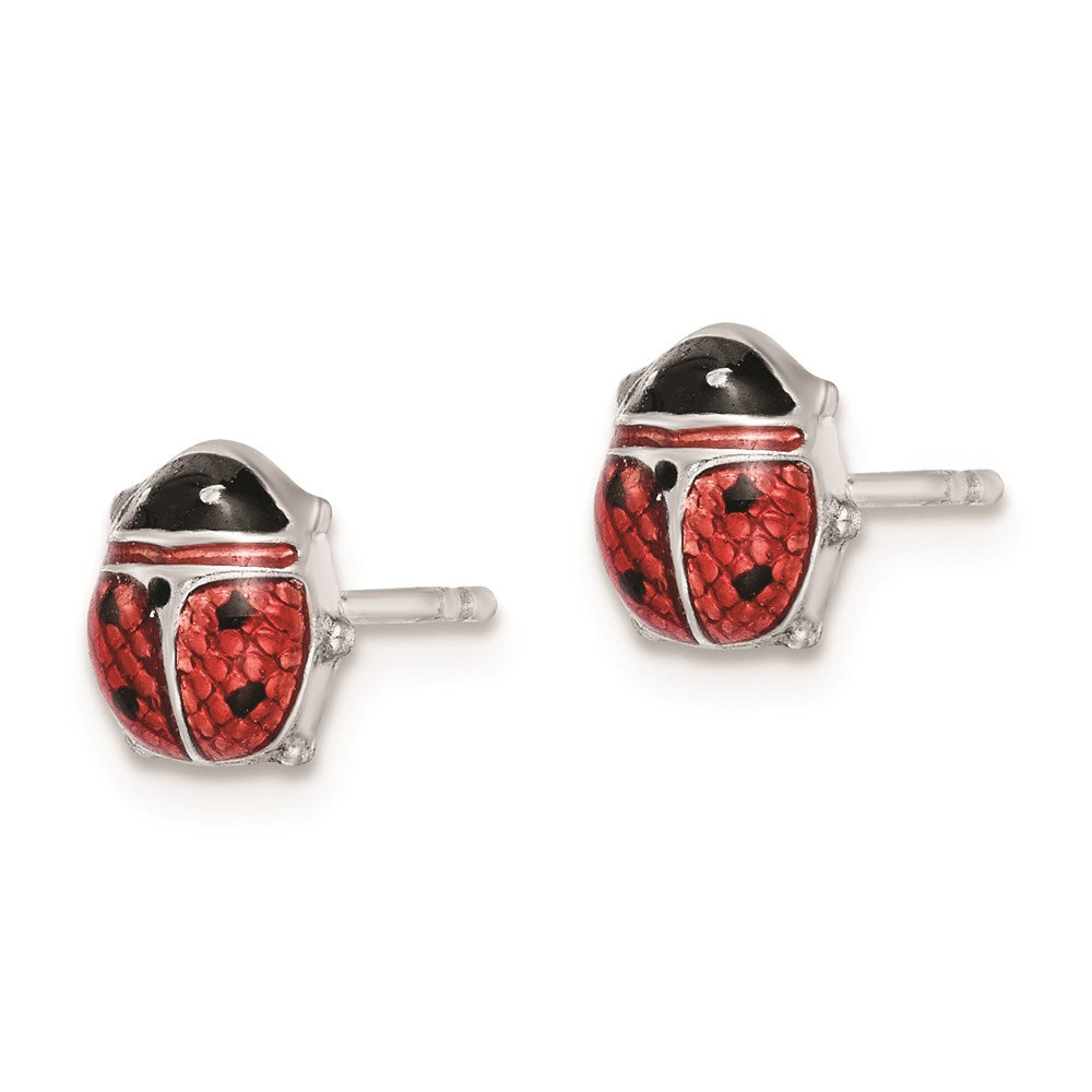 QE9590 Sterling Silver Rhodium Polished Enameled Lady Bug Post Earrings