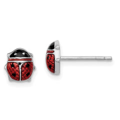 QE9590 Sterling Silver Rhodium Polished Enameled Lady Bug Post Earrings