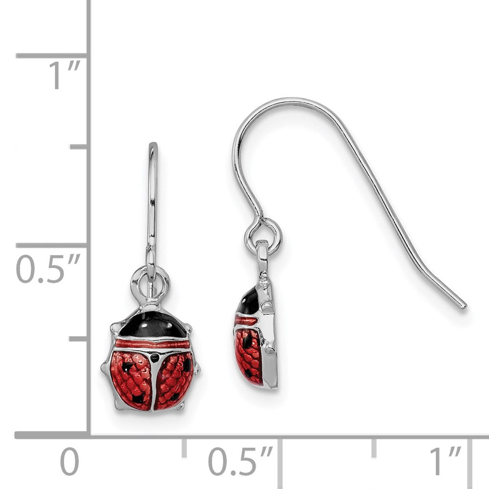 QE9591 Sterling Silver Rhodium Enameled Ladybug Dangle Earrings