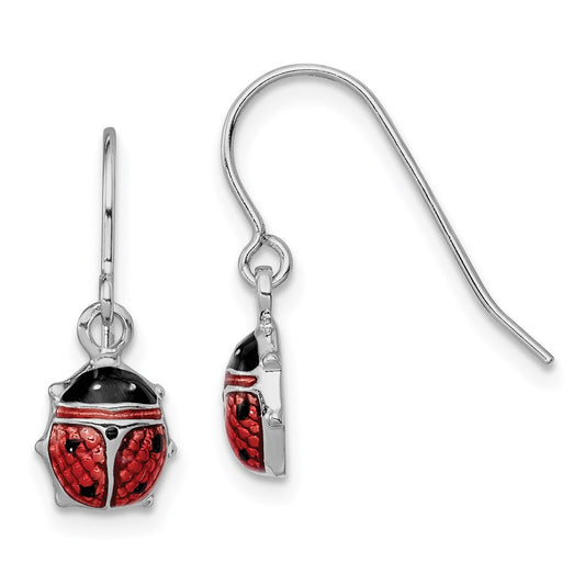 QE9591 Sterling Silver Rhodium Enameled Ladybug Dangle Earrings