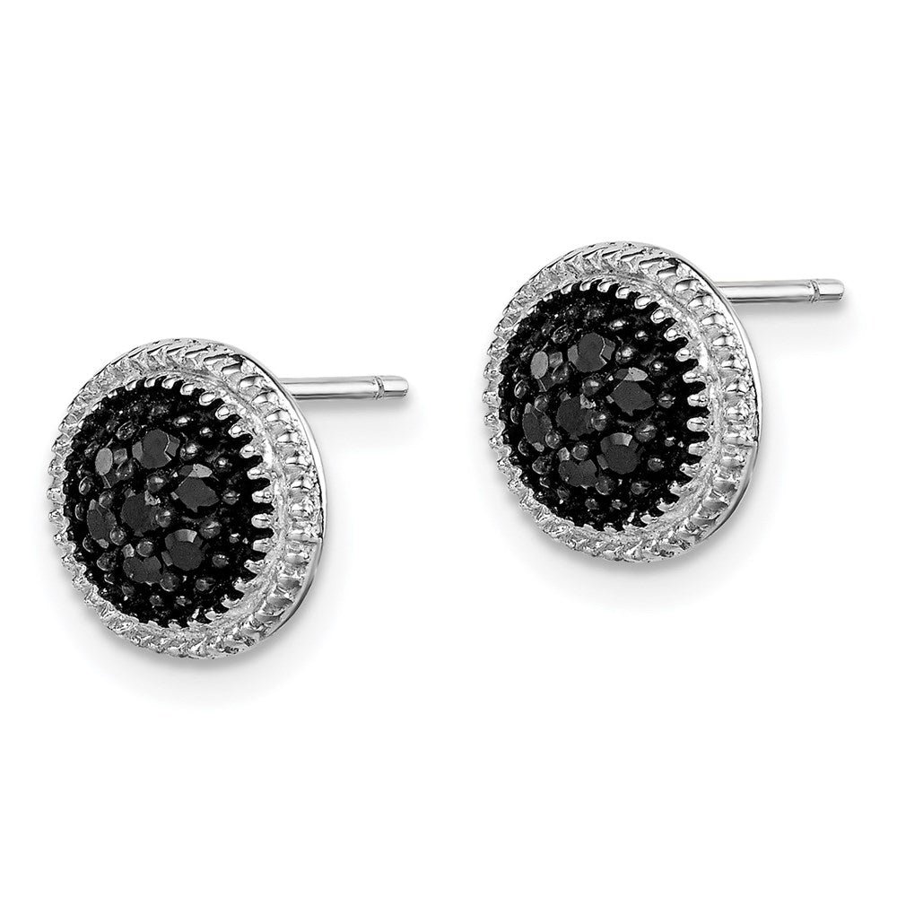 QE9607 Sterling Silver RH-plated Polished & Textured Black CZ Round Post Earrings