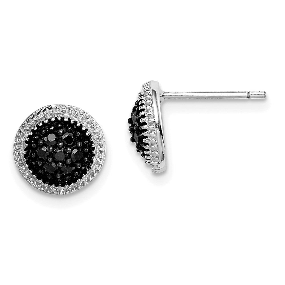 QE9607 Sterling Silver RH-plated Polished & Textured Black CZ Round Post Earrings