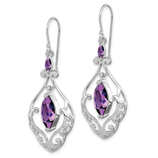 QE9609 Sterling Silver Rhodium Plated Amethyst Fancy Dangle Earrings