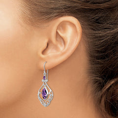 QE9609 Sterling Silver Rhodium Plated Amethyst Fancy Dangle Earrings