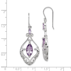 QE9609 Sterling Silver Rhodium Plated Amethyst Fancy Dangle Earrings
