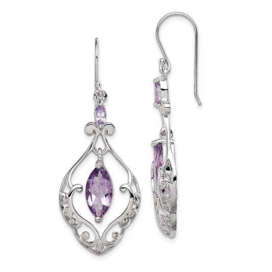 QE9609 Sterling Silver Rhodium Plated Amethyst Fancy Dangle Earrings