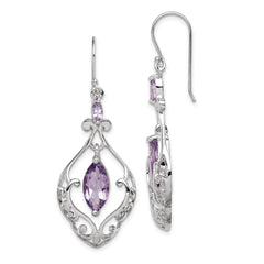 QE9609 Sterling Silver Rhodium Plated Amethyst Fancy Dangle Earrings