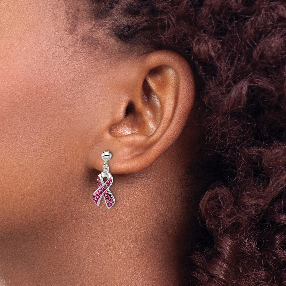 QE9653 Sterling Silver Stellux Crystal Pink Awareness Ribbon Earrings