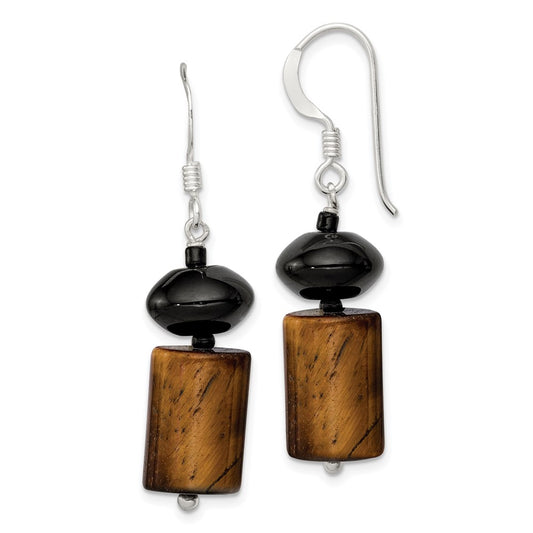 QE9705 Sterling Silver Black Agate / Black Glass Bead / Tiger's Eye Dangle Earring