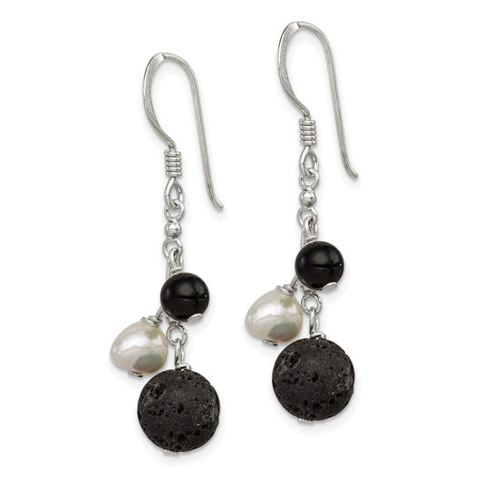 QE9714 Sterling Silver Polished FWC Pearl/Black Agate/Lava Rock Dangle Earrings