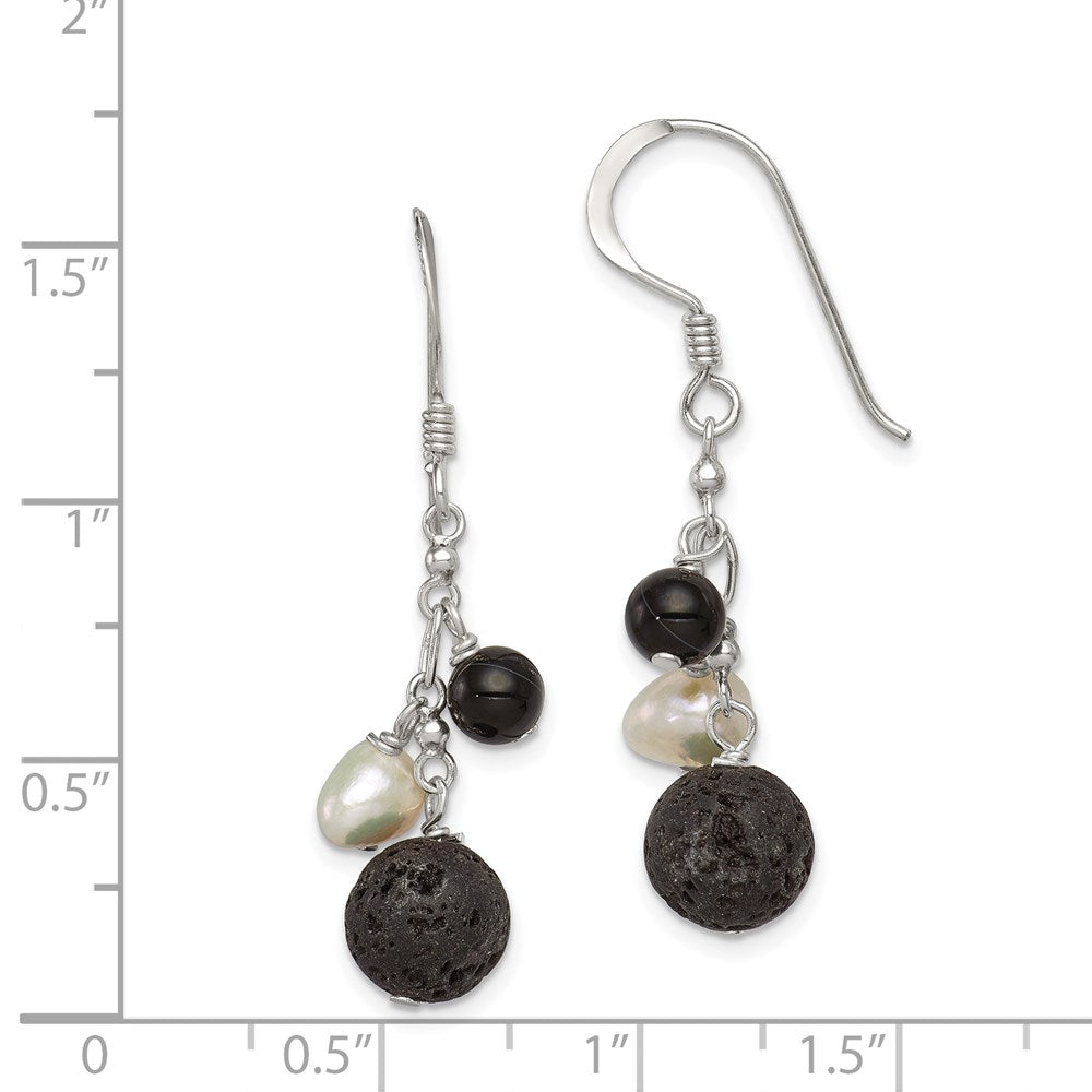 QE9714 Sterling Silver Polished FWC Pearl/Black Agate/Lava Rock Dangle Earrings