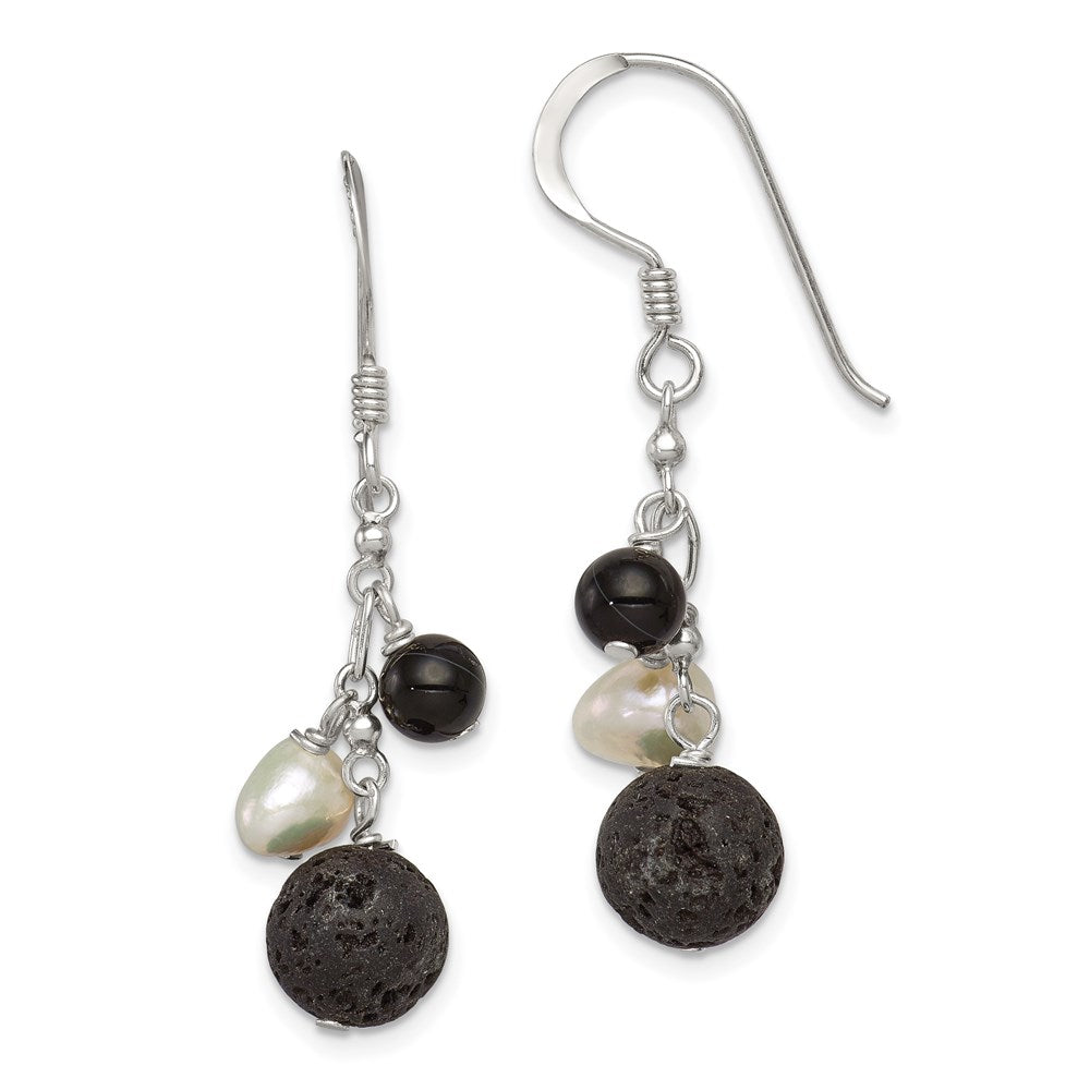 QE9714 Sterling Silver Polished FWC Pearl/Black Agate/Lava Rock Dangle Earrings