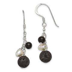 QE9714 Sterling Silver Polished FWC Pearl/Black Agate/Lava Rock Dangle Earrings