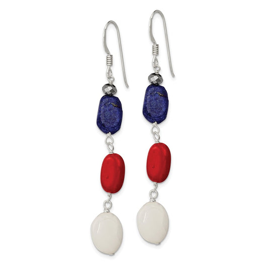 QE9719 Sterling Silver Polished Red Coral/Crystal/White Jade/Lapis Dangle Earrings
