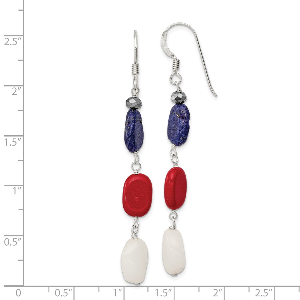 QE9719 Sterling Silver Polished Red Coral/Crystal/White Jade/Lapis Dangle Earrings