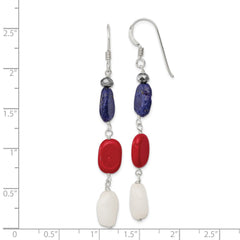 QE9719 Sterling Silver Polished Red Coral/Crystal/White Jade/Lapis Dangle Earrings